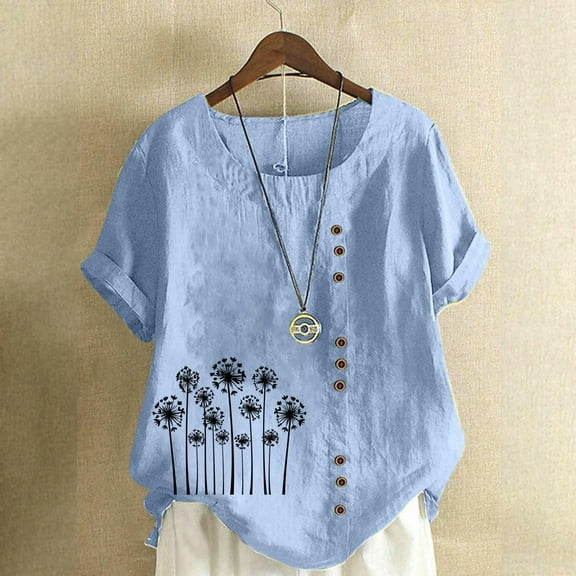 AKEGAMN Women's Boho Floral Short Sleeve Linen Tunic Top, Blue S-5XL