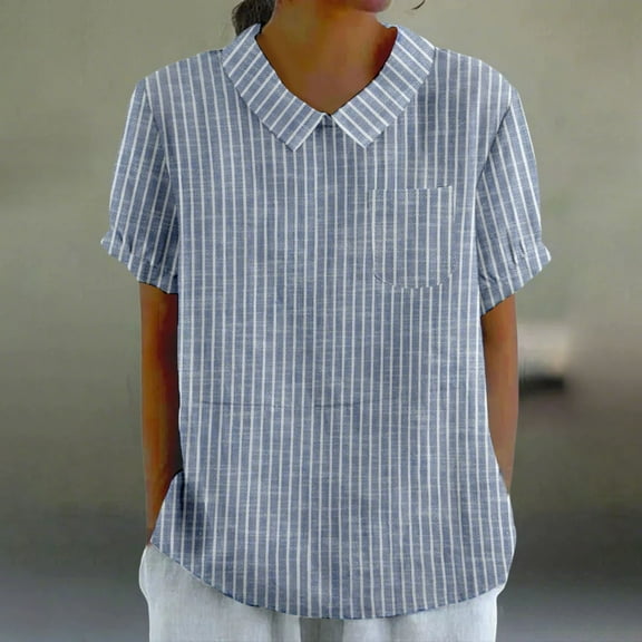 AKEGAMN Women's Breathable Cotton Linen Loose Lapel Shirt with Pockets Short Sleeve Top, Blue S-XXL