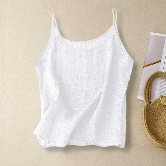 AKEGAMN Women's Cotton Linen Spaghetti Strap Loose Fit Camisole Tank Top, White S-XXL