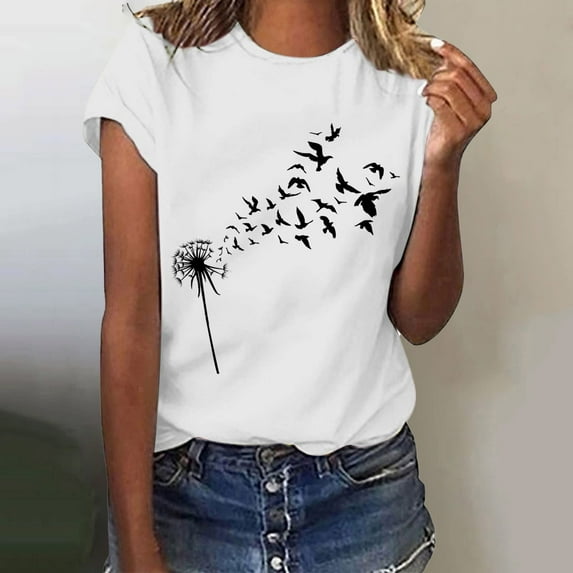 AKEGAMN Women's Fashion Casual Floral Print Short Sleeve Crew Neck T-Shirt, White S-3XL