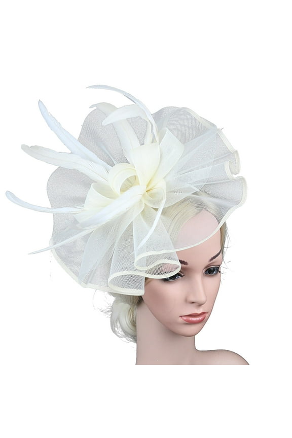 Women's Feather Clip Wedding Party Cap Church Headwear Polyester, Beige One Size