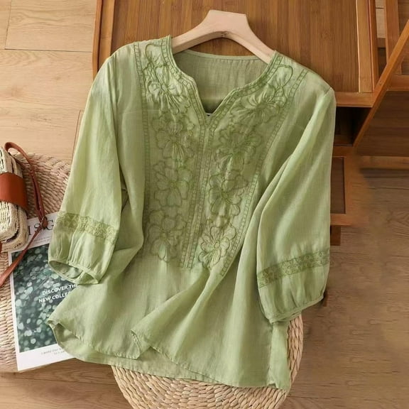 AKEGAMN Women's Floral Embroidered Boho 3/4 Sleeve V-Neck Cotton Linen Tunic, Green M-3XL