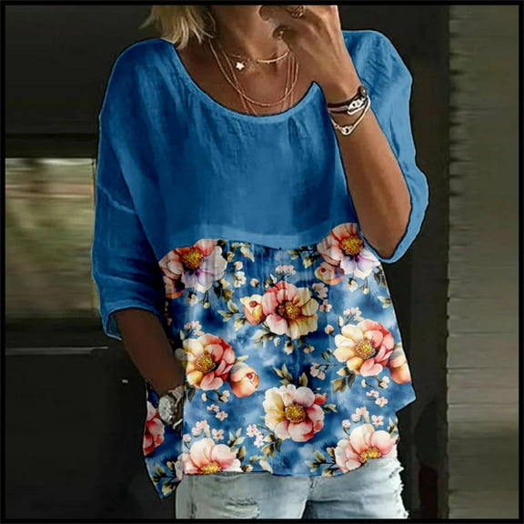 AKEGAMN Women's Floral Print 3/4 Sleeve Crew Neck Loose T-Shirt, Blue S-5XL