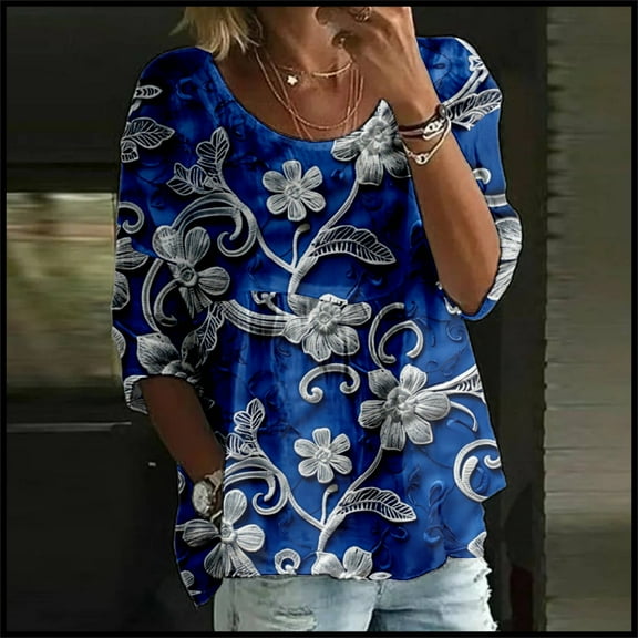 AKEGAMN Women's Floral Print 3/4 Sleeve Crew Neck Loose T-Shirt, Blue S-5XL