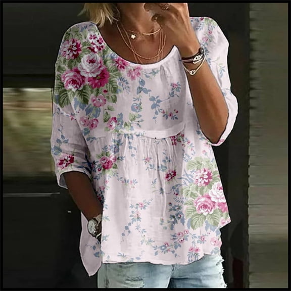 AKEGAMN Women's Floral Print 3/4 Sleeve Crew Neck Loose T-Shirt, Pink S-5XL