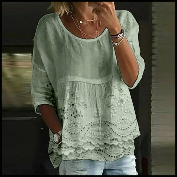 AKEGAMN Women's Floral Print 3/4 Sleeve Loose Crew Neck T-Shirt, Green S-5XL