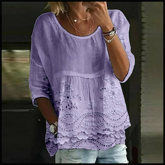 AKEGAMN Women's Floral Print 3/4 Sleeve Loose Crew Neck T-Shirt, Purple S-5XL