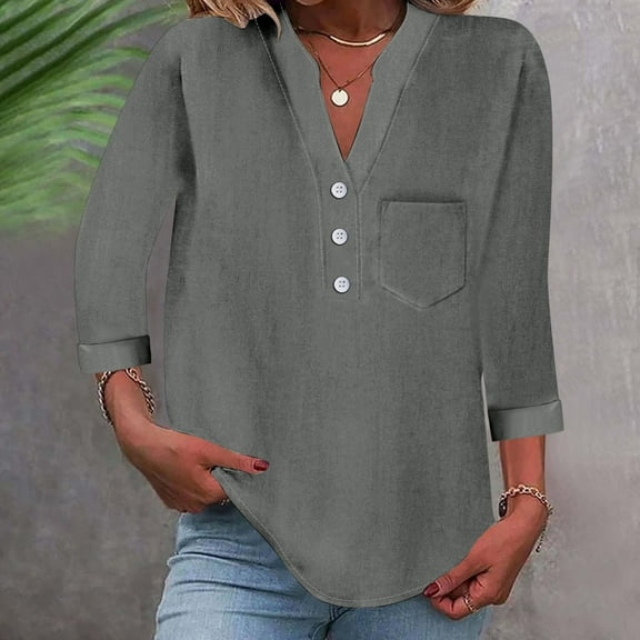 AKEGAMN Women's Loose Button Stand Collar Solid Color 3/4 Sleeve Cotton Linen T-Shirt, Gray S-5XL