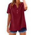 thumbnail image 1 of AKEGAMN Women's Loose Button Stand Collar Solid Color Short Sleeve Cotton Linen Shirt, Red S-5XL, 1 of 6