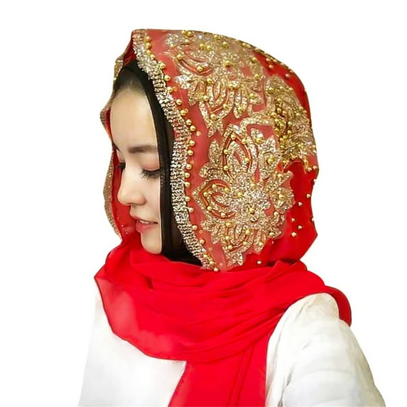 AKEGAMN Women's Muslim Chiffon Hijab Scarf with Gold Beading, Red One Size