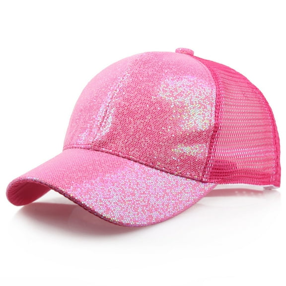 AKEGAMN Women's Sequins Snapback Messy Bun Ponytail Sun Cap, Pink 54-58