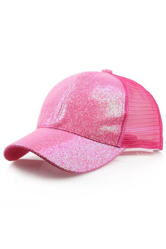 Women's Sequins Snapback Messy Bun Ponytail Sun Cap, Pink 54-58
