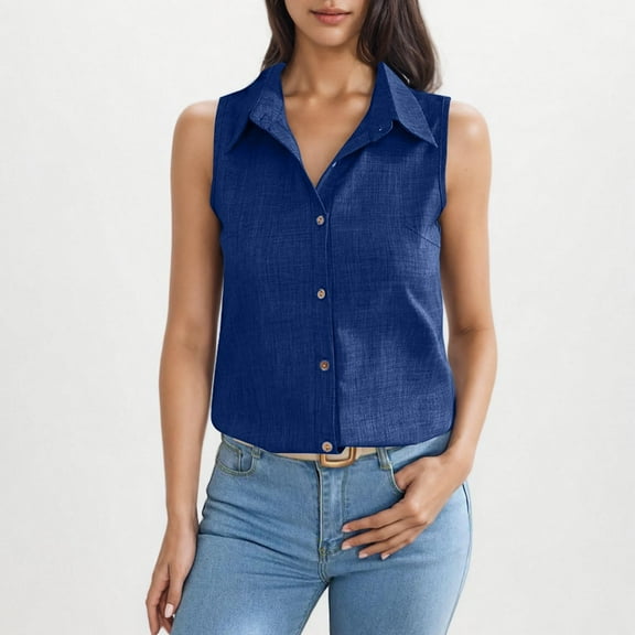 AKEGAMN Women's Sleeveless Linen Collared Button-Down Loose Fit Blouse, Blue S-XXL