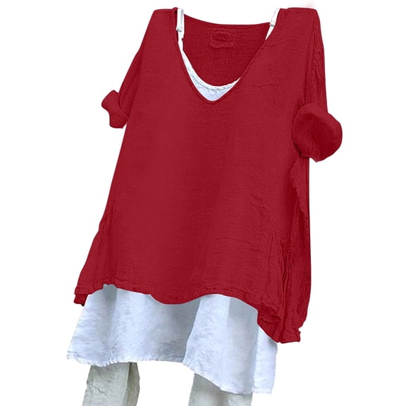 AKEGAMN Women's Solid Color Loose Plus Size Short Sleeve Texture Dress Shirt, Red S-3XL