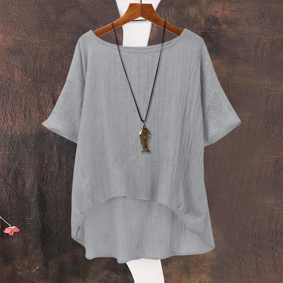 AKEGAMN Women's Summer Short Sleeve Solid Color Loose Cloud Cotton Comfortable Top, Gray S-5XL