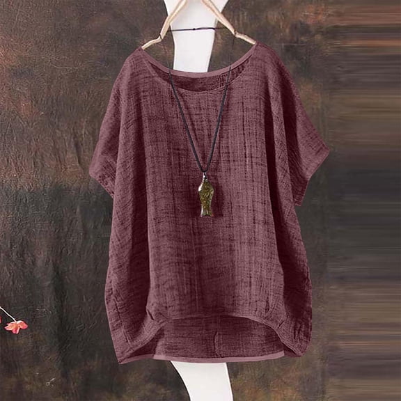 AKEGAMN Women's Summer Short Sleeve Solid Linen Casual Top, Red S-5XL