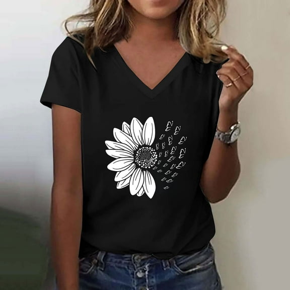 AKEGAMN Women's Sunshade Summer Plus Size Loose V-Neck Graphic T-Shirt, Black S-XXL