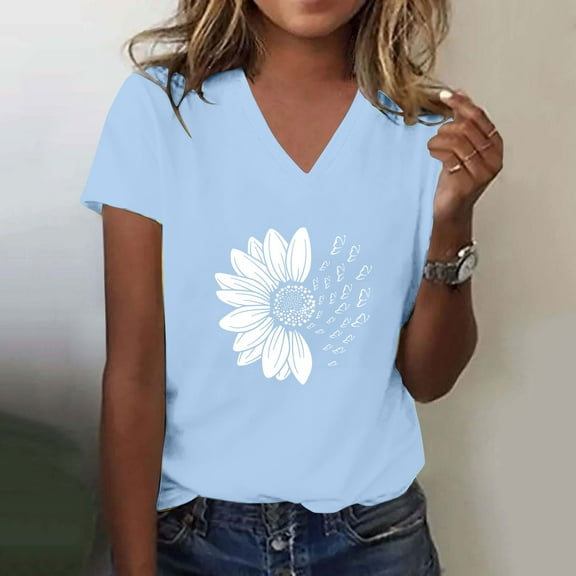 AKEGAMN Women's Sunshade Summer Plus Size Loose V-Neck Graphic T-Shirt, Blue S-XXL