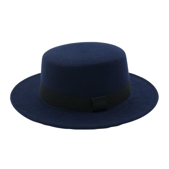 AKEGAMN Women's Wide Brim Wool Flat Top Fedora Hat, Blue One Size