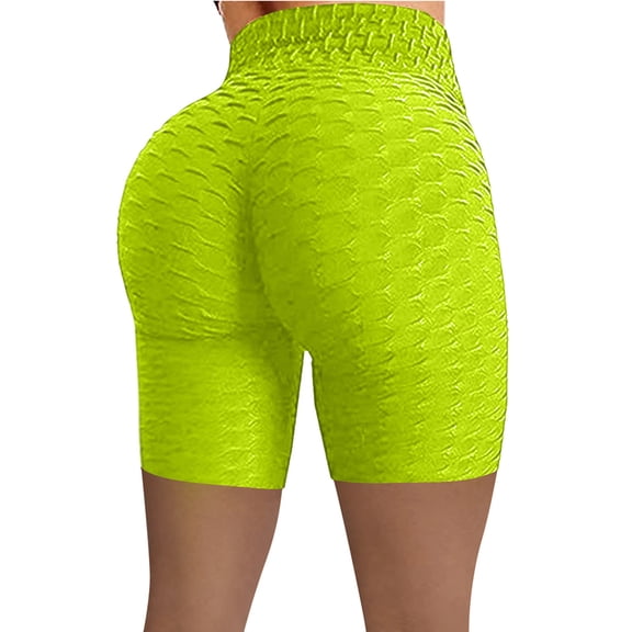 AKEGAMN Wrinkled High Waist Hip Stretch Running Fitness Yoga Biker Shorts, Green S-2XL