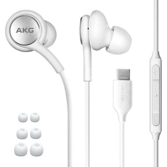 AKG Earbuds Stereo Headphones for Google Pixel 7 - Designed by AKG - Braided Cable with Microphone and Volume Remote Type-C Connector - White