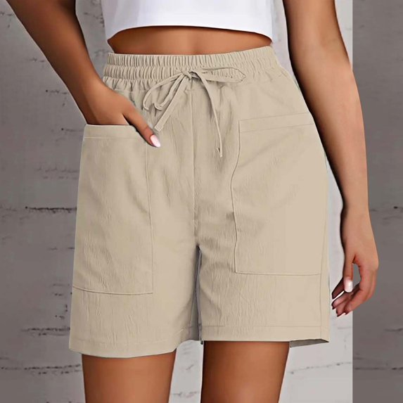 AKGEAMN Women's Solid Color High Waist Loose Casual Shorts with Pockets, Beige S-XXL