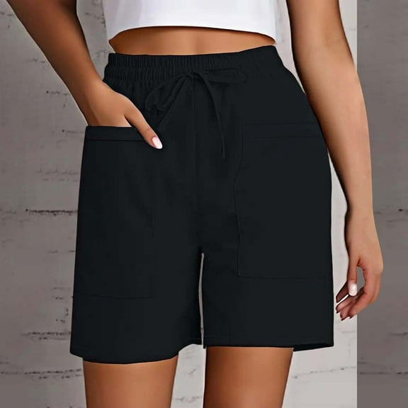 AKGEAMN Women's Solid Color High Waist Loose Casual Shorts with Pockets, Black S-XXL