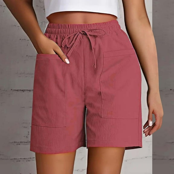 AKGEAMN Women's Solid Color High Waist Loose Casual Shorts with Pockets, Red S-XXL