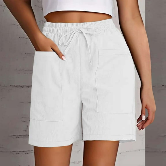 AKGEAMN Women's Solid Color High Waist Loose Casual Shorts with Pockets, White S-XXL