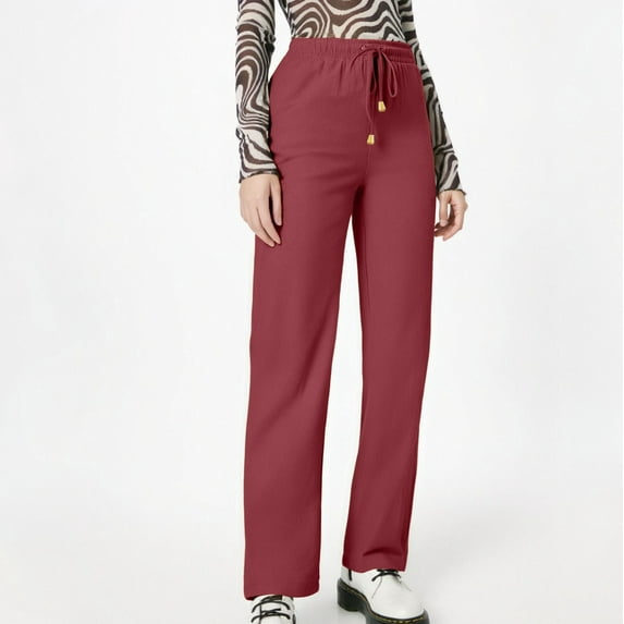 AKGEAMN Women's Summer Elastic Waist High Waisted Wide Leg Linen Casual Beach Trousers, Red S-3XL