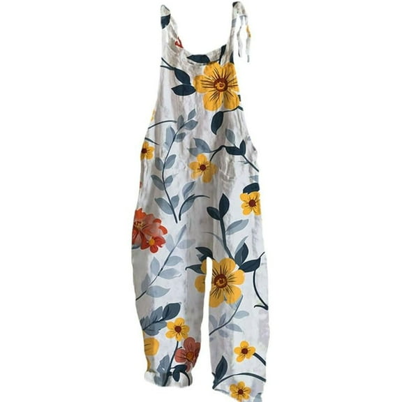 AKGEAMN Womens Boho Floral Sleeveless Spaghetti Strap Wide Leg Jumpsuit Overalls with Pockets, Beige S-5XL