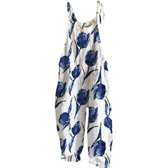AKGEAMN Womens Boho Floral Sleeveless Spaghetti Strap Wide Leg Jumpsuit Overalls with Pockets, Blue S-5XL