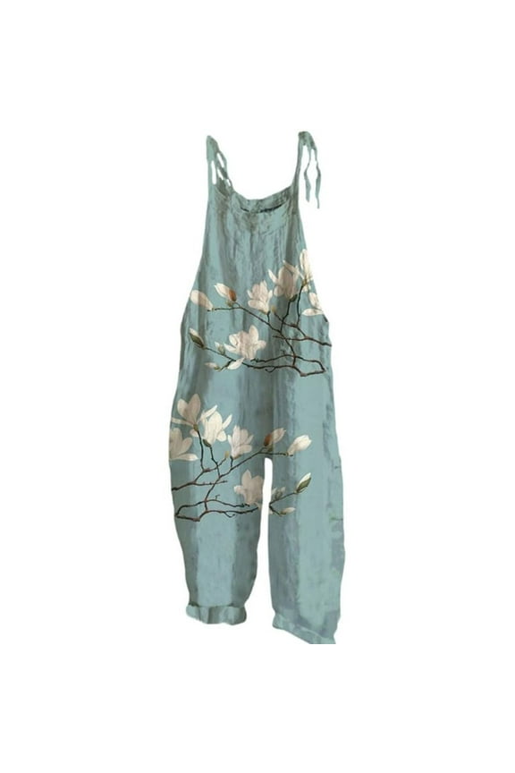 Womens Boho Floral Sleeveless Spaghetti Strap Wide Leg Jumpsuit Overalls with Pockets, Blue S-5XL