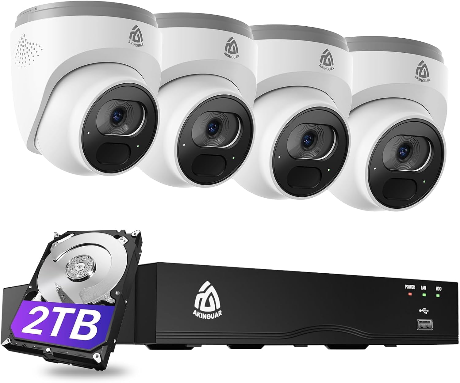AKINGUAR Smart 4K Home Security Camera System, 4pcs Wired PoE IP Cameras with Person/Vehicle Detection, 8CH 4K NVR with 2TB HDD, 2-Way Audio, 100ft Night Vision, 24/7 Recording