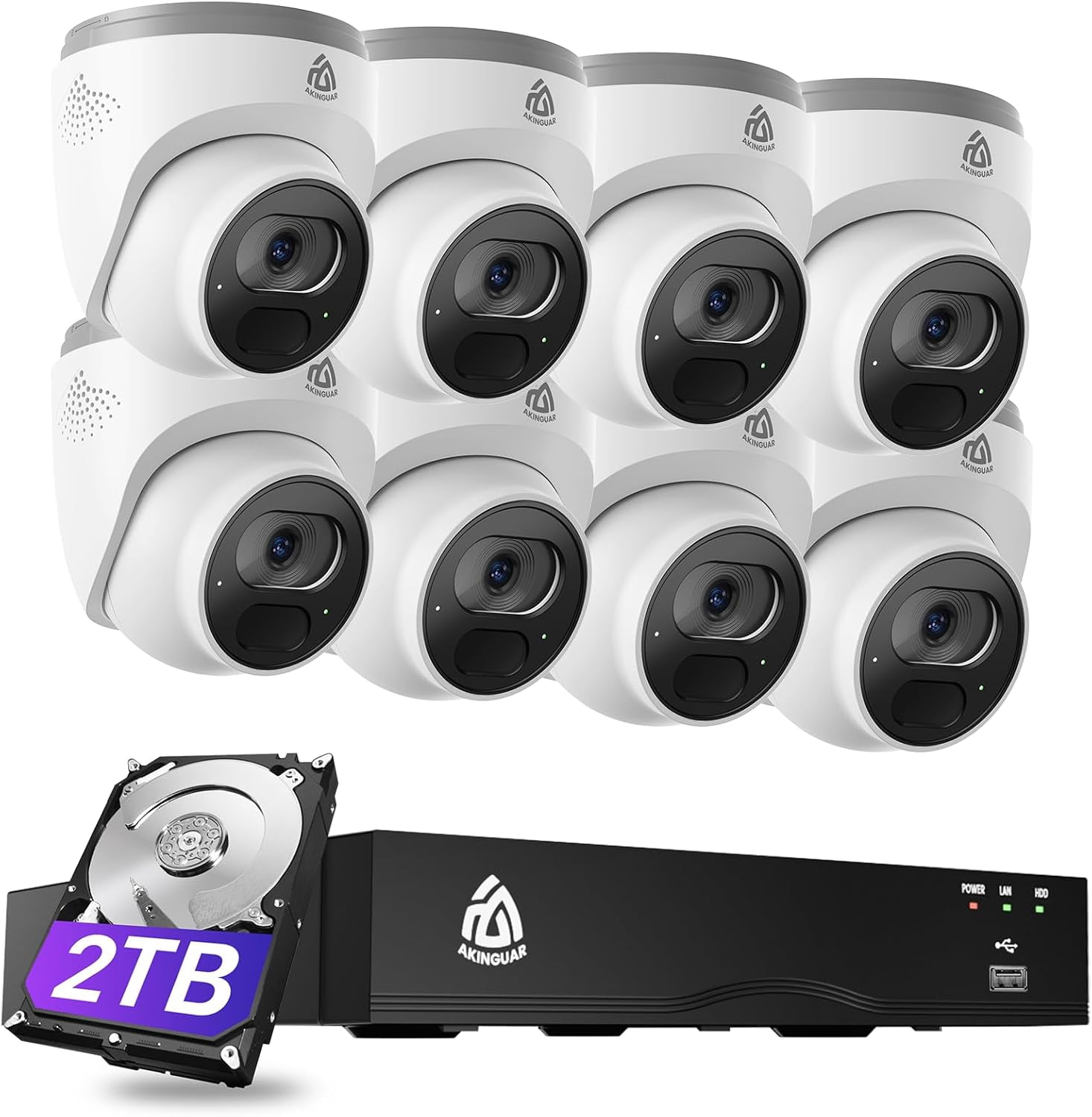 AKINGUAR Smart 4K PoE Security Camera System, 8pcs 4K 8MP Wired PoE IP Cameras with Person/Vehicle Detection, 8CH NVR with 2TB HDD, 2-Way Audio, 100ft IR Night Vision, 24/7 Recording