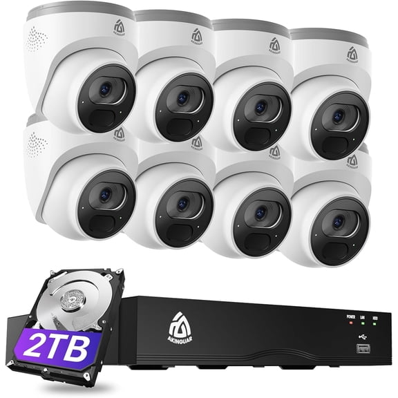 AKINGUAR Smart 4K PoE Security Camera System, 8pcs 4K 8MP Wired PoE IP Cameras with Person/Vehicle Detection, 8CH NVR with 2TB HDD, 2-Way Audio, 100ft IR Night Vision, 24/7 Recording