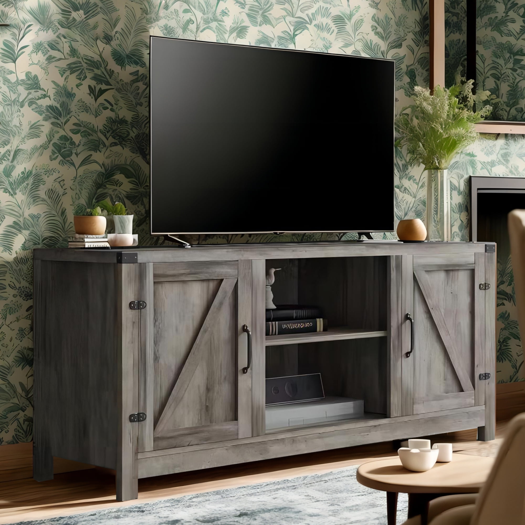 AKIUDEX Modern Farmhouse TV Stand Barn Door TV for TVs up to 65