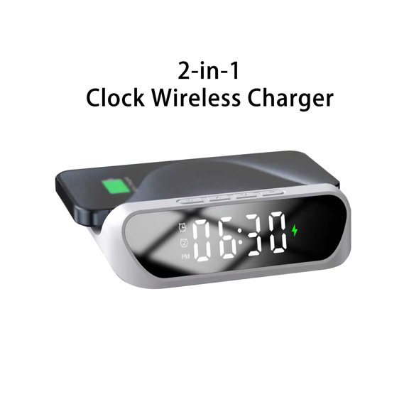 AKKHOO 2 in 1 Wireless Charger Alarm Clock, 15W Fast Charging Station, Alarm Clock with Wireless Charging & USB Port, for Charging Mobile Phones, Earphones, Watches, Suitable for Use in Home Offices
