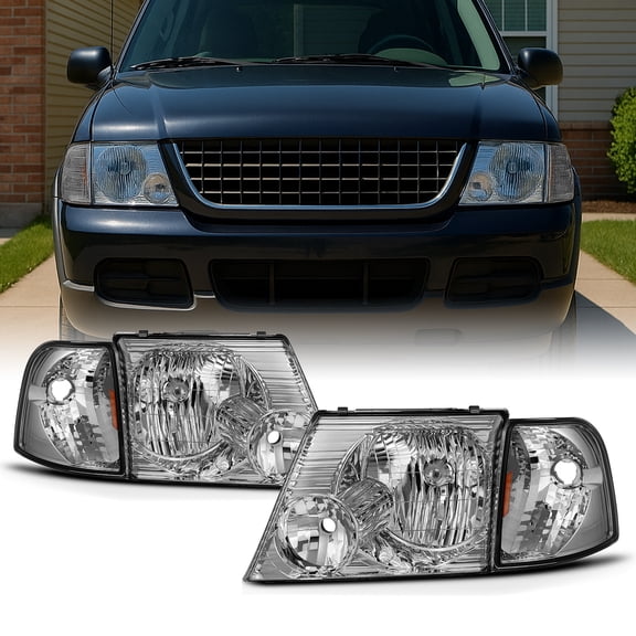 AKKON - 4Pcs Combo Fits 2002-2005 Ford Explorer 4Door Model Chrome Headlights w/Corner Signal Lamp Left+Right Pair