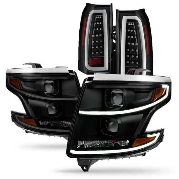 AKKON - For [Black Smoked] 2015-2020 Chevy Suburban Tahoe Halogen Type Models LED DRL Projector Headlights + FULL LED Tail light
