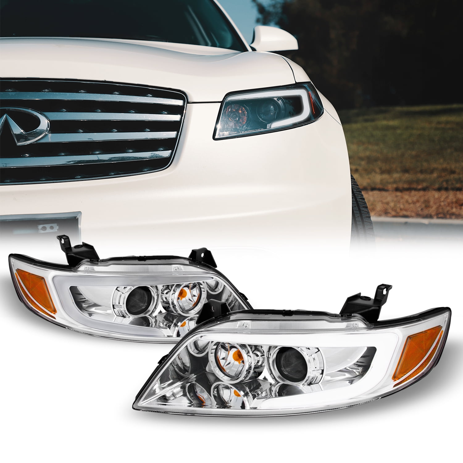 For 2008-2014 Subaru Impreza WRX Chrome LED DRL Switchback Projector Headlights | Clear Lens | Front | 204W | Halogen | Private Label | DTMOTO