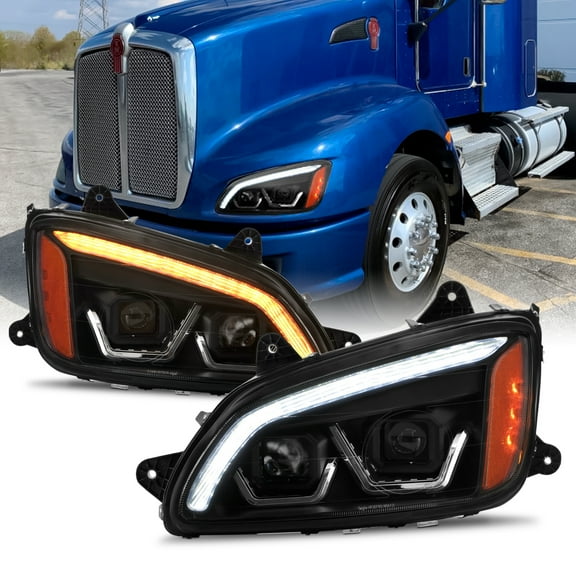 AKKON - Fit 2008-2017 Kenworth T660 08-17 LED DRL Switchback Projector Headlight Black Assembly Driver + Passenger Set