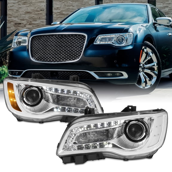 AKKON - Fit 2015-2023 Chrysler 300 Halogen Type Projector Headlight Chrome Bezel OE Style Driver + Passenger