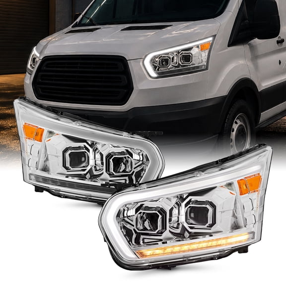 AKKON - Fit 2015-2023 Ford Transit 150 250 350HD Projector Chrome Headlights Pair Driver+Passenger w/LED Tube DRL Signal