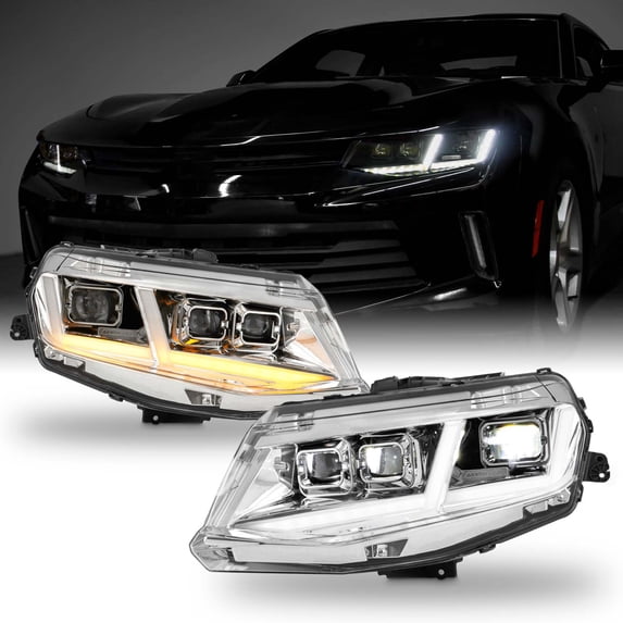 AKKON - Fit 2016 2017 2018 Chevy Camaro FULL LED DRL Switchback Sequential Triple Lens Projector Headlights Chrome
