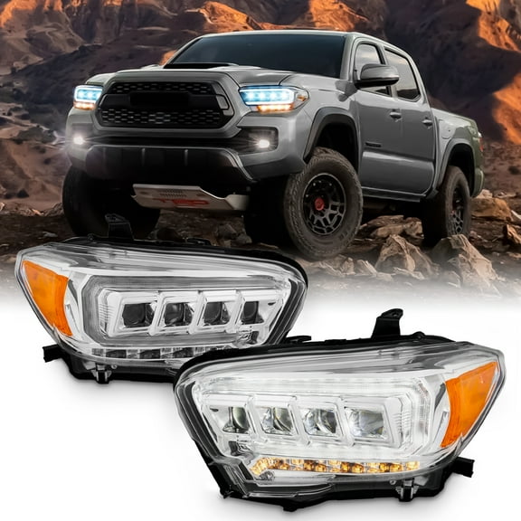 AKKON - Fit 2016-2023 Toyota Tacoma TRD/Limited [LED Model] w/Sequential DRL Crystal Light Bar Projector Headlights Chrome Pair