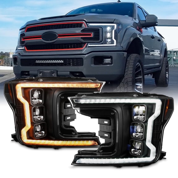 AKKON - Fit 2018 2019 2020 Ford F150 [Full LED] Black Halogen Model w/Sequential LED Switchback Signal Strip Projector Headlights