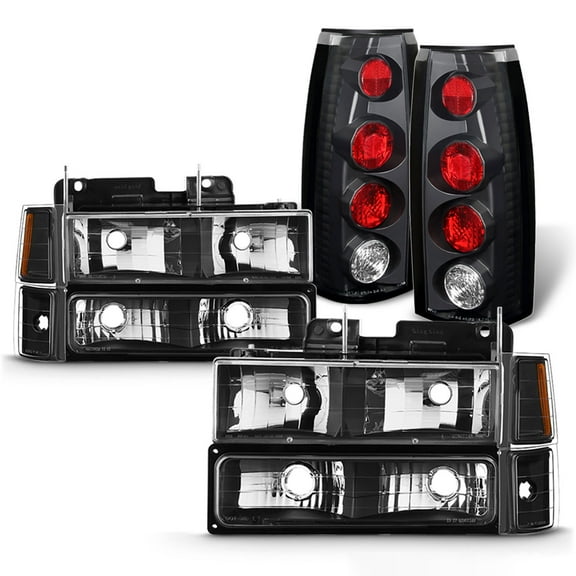 AKKON - Fits 1994-1998 C/K 1500 2500 3500 Tahoe Suburban Pickup Black Headlights + Corner + Bumper Signal Lamp + Tail Light Pair