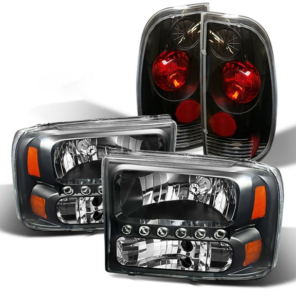 AKKON - Fits 1999-2004 Ford F250 F350 F450 F550 Superduty Black LED Headlights + Blk Tail Lamp Brake Lights Pair Left+Right