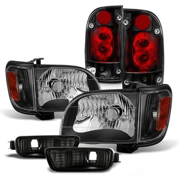 AKKON - Fits 2001 2002 2003 2004 Toyota Tacoma Pickup Black Headlights+ Corner+ Signal+ Bumper Lamp+ Blk JDM Tail Lights Pair